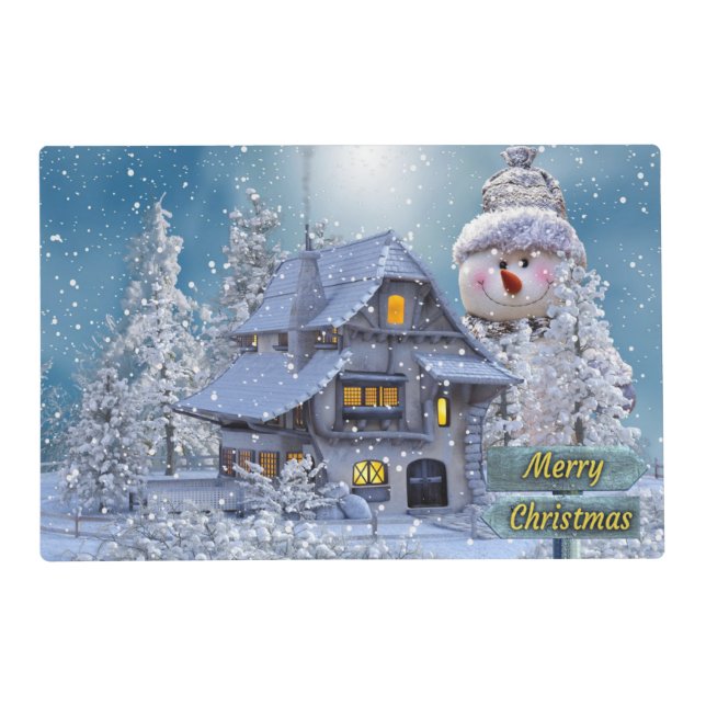 Christmas Party Winter White Snowman Blue Rustic Placemat (Front)