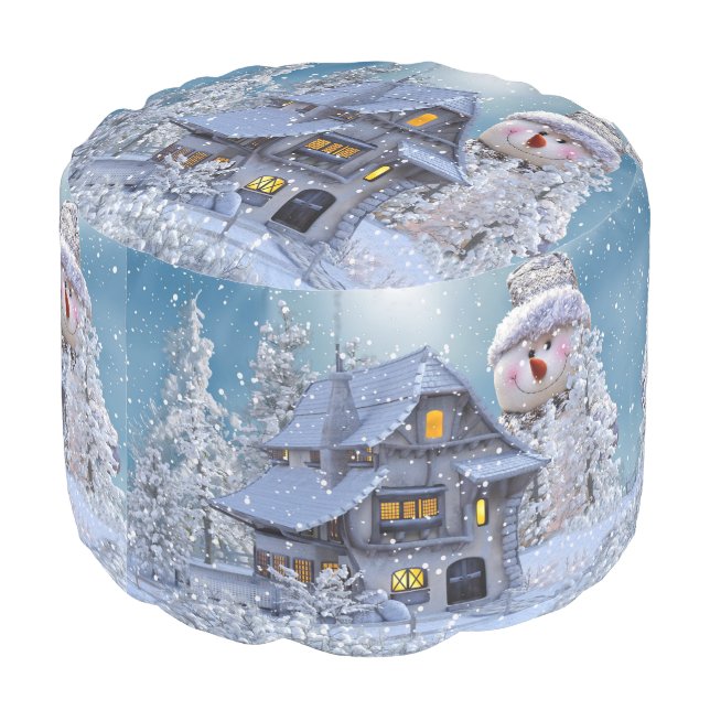 Christmas Party Winter White Snowman Blue Rustic Pouf (Angled Back)