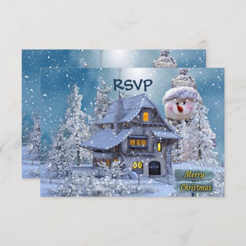 Christmas Party Winter White Snowman Blue Rustic RSVP Card