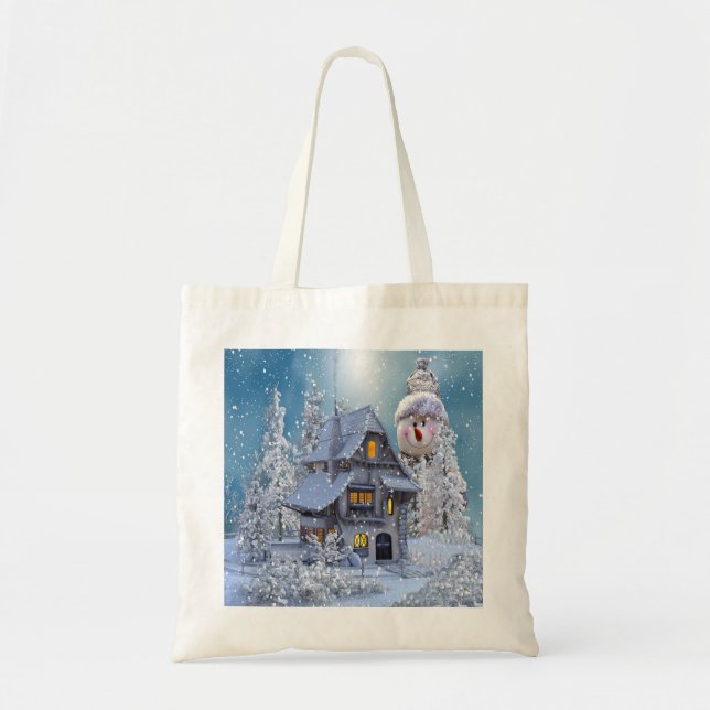 Christmas Party Winter White Snowman Blue Rustic Tote Bag (Front)
