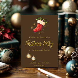 Christmas Party with Festive Stocking on Brown Invitation