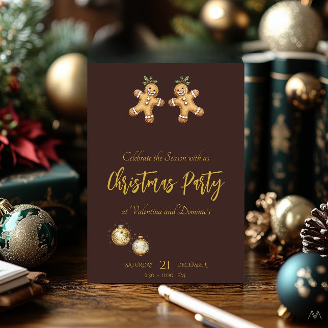 Christmas Party with Gingerbread on Coffee Brown Invitation (Creator Uploaded)