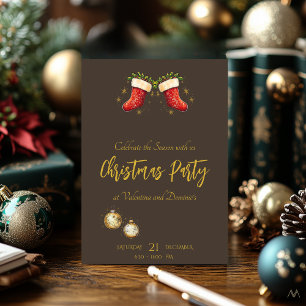Christmas Party with Red Stockings on Taupe back Invitation