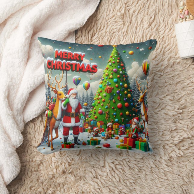 Christmas party with Santa and reindeer Throw Pillow (Blanket)