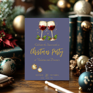 Christmas Party with Wine Glasses on Purple Invitation