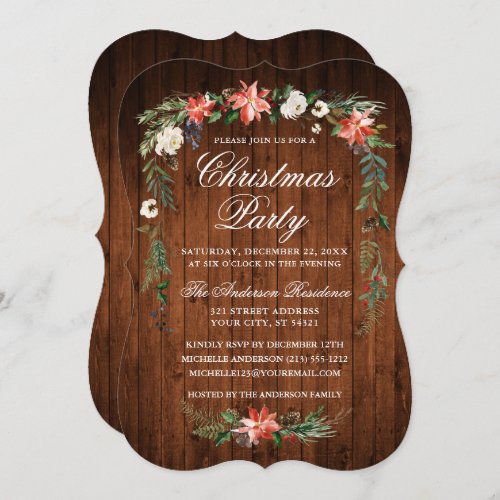 Christmas Party Wood Watercolor Poinsettia Invitation