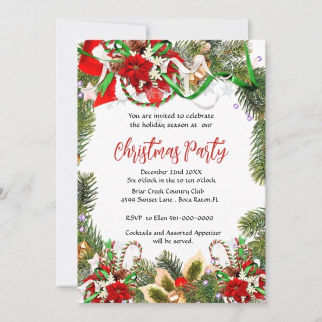  Christmas Party Wreath with Poinsettia  Invitation (Front)