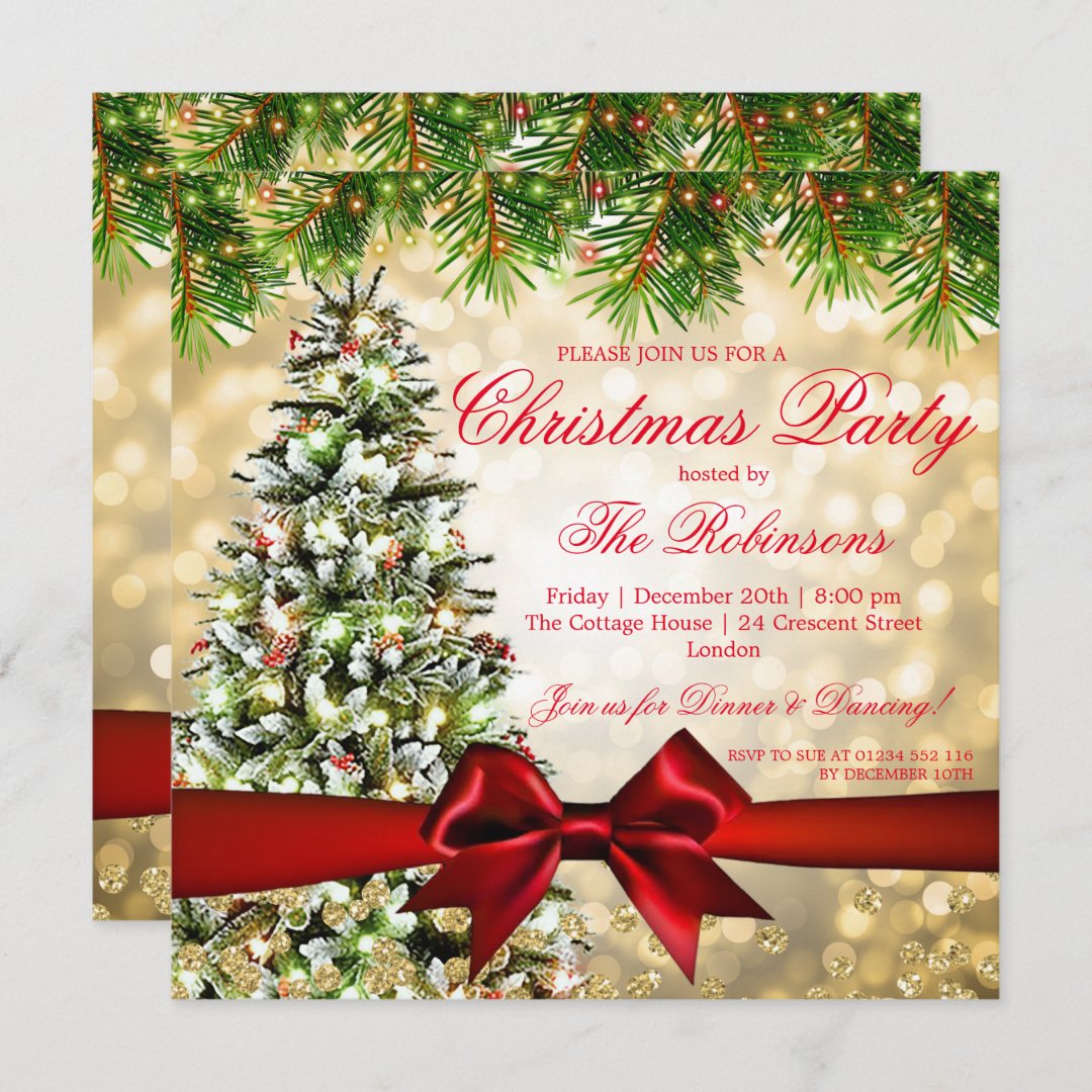 Christmas Party | Xmas Tree Ribbon Glitter Gold Invitation | Zazzle