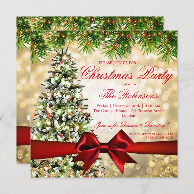 Christmas Party | Xmas Tree Ribbon Glitter Gold Invitation | Zazzle