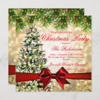 Christmas Party | Xmas Tree Ribbon Glitter Gold Invitation