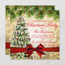 Christmas Party | Xmas Tree Ribbon Glitter Gold Invitation