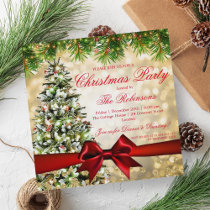 Christmas Party | Xmas Tree Ribbon Glitter Gold Invitation