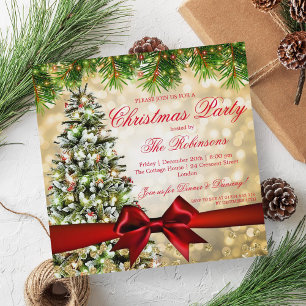 Christmas Party Xmas Tree Ribbon Glitter Gold Invitation