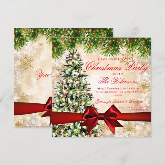 Christmas Party | Xmas Tree, Ribbon & Sparkles Invitation (Front/Back)