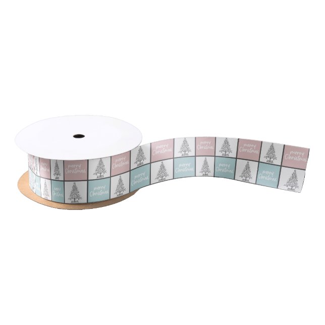 Christmas Pastel Blue and Pink Modern Pattern Satin Ribbon (Spool)