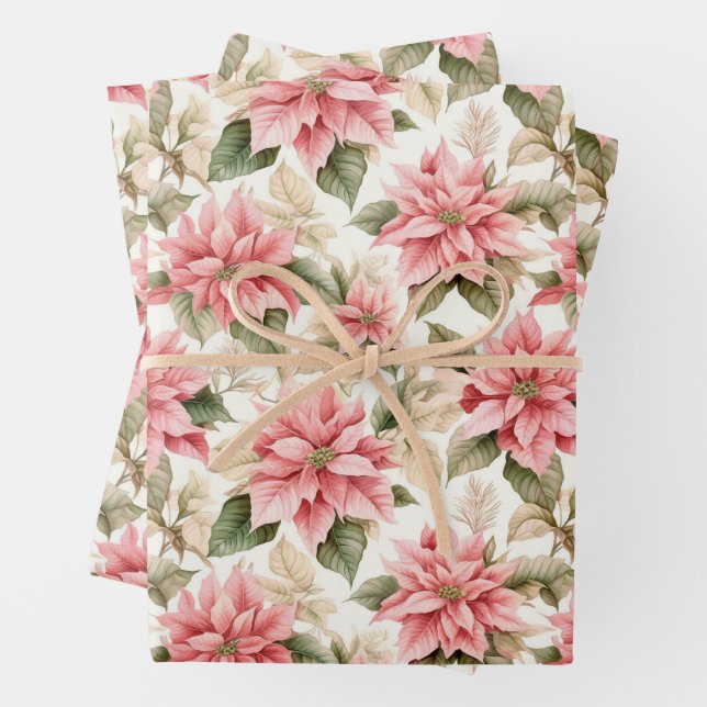 Christmas Pastel Pink Poinsettia Flowers Wrapping Paper Sheets (In situ)