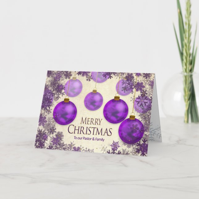 Christmas, Pastor/Family,  Purple Ornaments/Snow Card (Front)