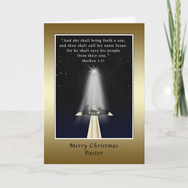 Christmas,  Pastor, Religious, Nativity and Cross Holiday Card (Front)