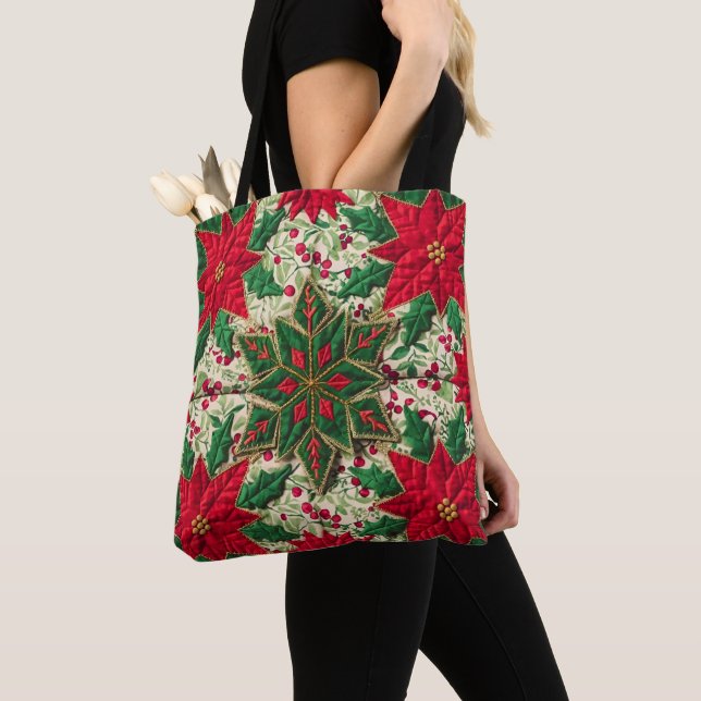 Christmas Patchwork  Green & Red Floral Snowflake  Tote Bag (Close Up)