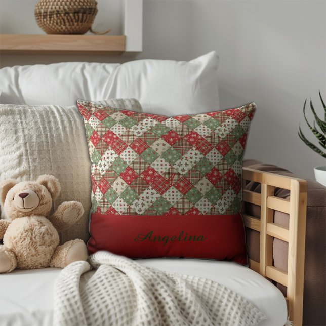  Christmas patchwork name Green Red  Throw Pillow (Creator Uploaded)