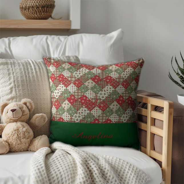  Christmas patchwork name Green Red  Throw Pillow (Creator Uploaded)