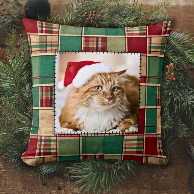 Christmas Patchwork Quilt Pet Family Custom Photo  Throw Pillow (Creator Uploaded)