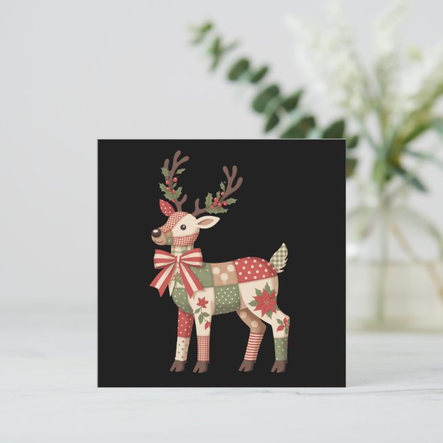 Christmas Patchwork Reindeer Embroidery Animal  Holiday Card (Standing Front)