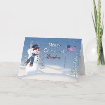 Christmas - Patriotic - Grandson - Snowman/salutin Holiday Card by TrudyWilkerson at Zazzle