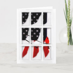 Christmas, Patriotic, Red Cardinal, Flag, Window Holiday Card