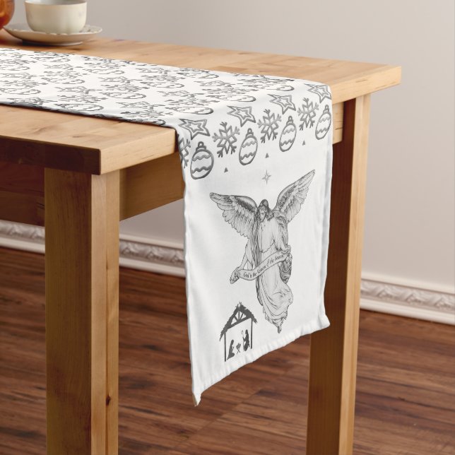 Christmas Pattern & Angel with Bethlehem on White Medium Table Runner (In Situ)