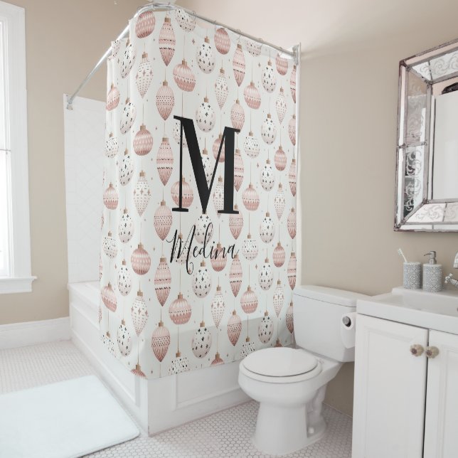 Christmas Pattern Black Monogram Modern Script Shower Curtain (In Situ)