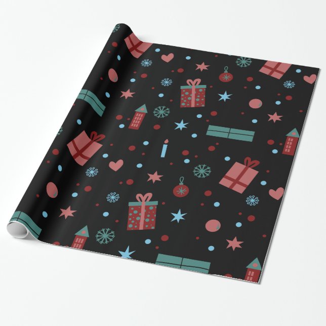  Christmas Pattern Black  Wrapping Paper (Unrolled)