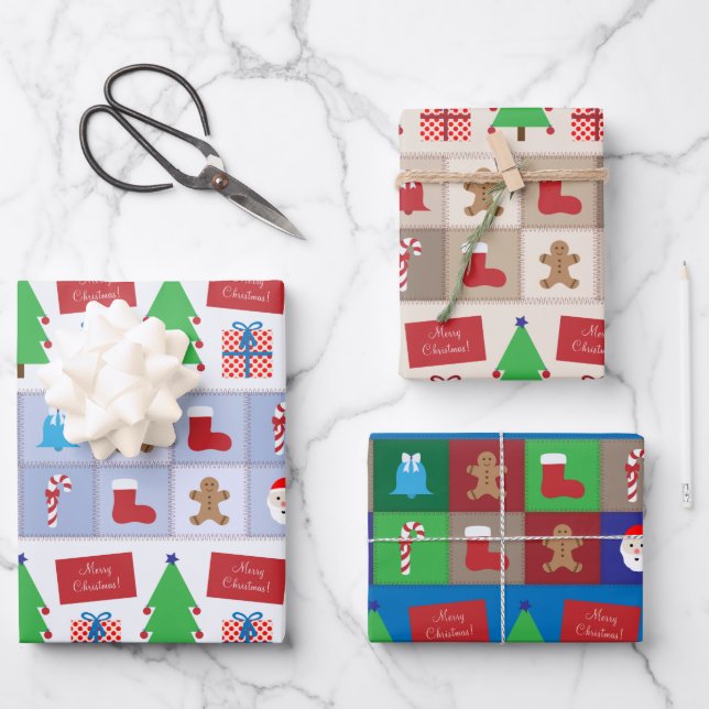 Christmas Pattern Blue Beige and Colorful Wrapping Paper Sheets (Front)