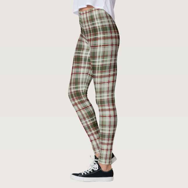 Christmas pattern cranberry and loden tartan plaid leggings (Left)