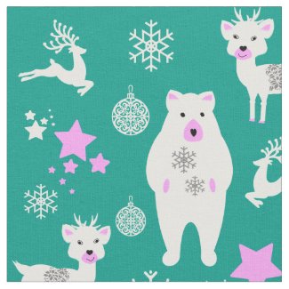 Christmas Pattern Cute Bear Reindeer Snowflakes Fabric