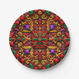 CHRISTMAS PATTERN ~ Cute ~ Red Green Gold ~ Paper Plates