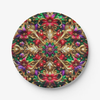 CHRISTMAS PATTERN ~ Floral ~ Red Green Gold ~ Paper Plates