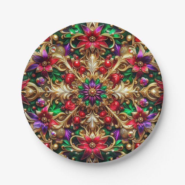CHRISTMAS PATTERN ~ Floral ~ Red Green Gold ~ Paper Plates (Front)