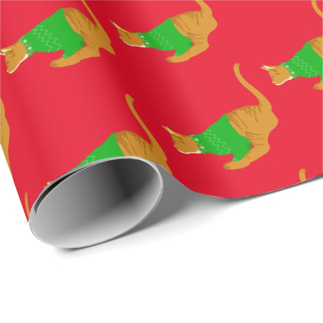 Christmas Pattern Ginger Cat in Green Xmas Jumper Wrapping Paper (Roll Corner)