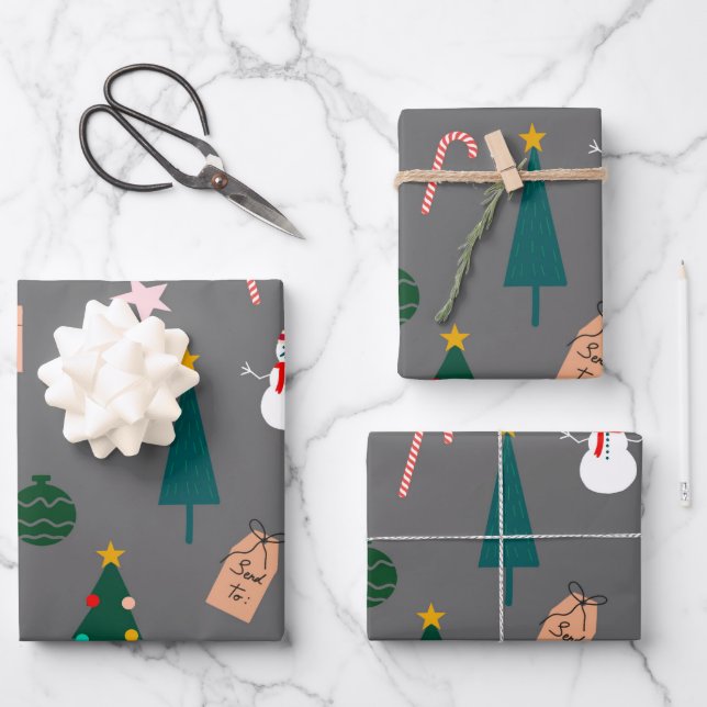 Christmas Pattern-Gray Wrapping Paper Sheets (Front)
