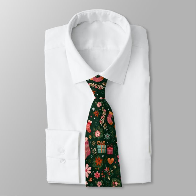 Christmas Pattern Green Neck Tie (Tied)