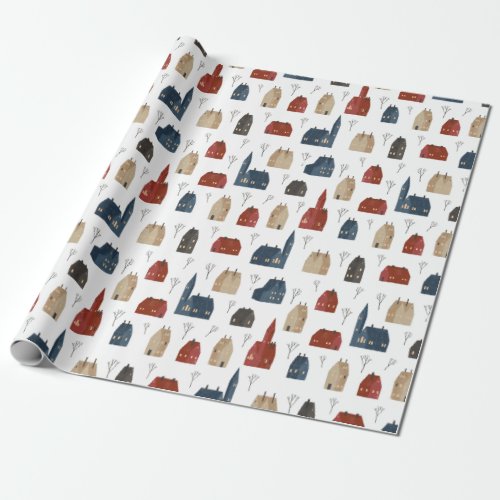 Christmas Pattern Houses And A Shrub In Winter Wrapping Paper