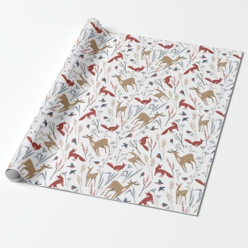 Christmas Pattern Of Animals And Winter Plants Wrapping Paper