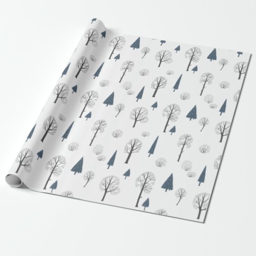Christmas Pattern Of Blue Black Trees On White Wrapping Paper