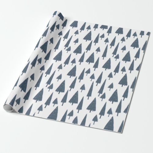 Christmas Pattern Of Blue Spruce Trees On White Wrapping Paper