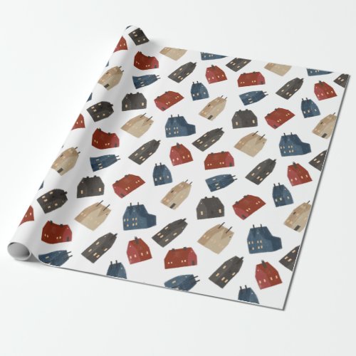 Christmas Pattern Of Colorful Buildings On White Wrapping Paper