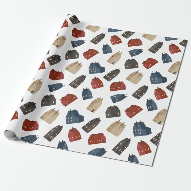 Christmas Pattern Of Colorful Buildings On White Wrapping Paper (Unrolled)