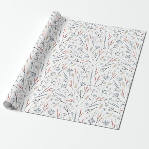Christmas Pattern Of Colorful Plants In Winter Wrapping Paper