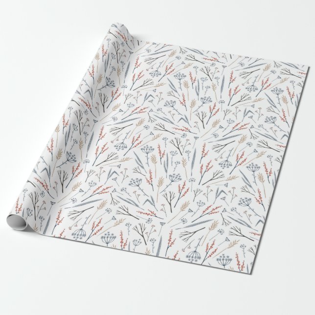 Christmas Pattern Of Colorful Plants In Winter Wrapping Paper (Unrolled)