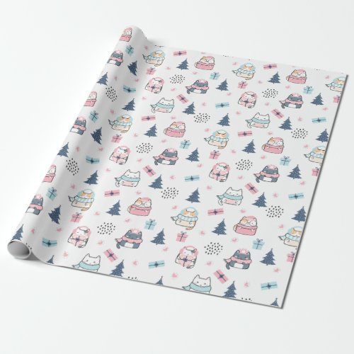 Christmas Pattern Of Funny Cats Gifts Snow Wrapping Paper